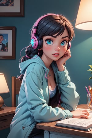 1girl, (masterpice), best quality, high quality, noon, night, high detailed, perfect body,perfect_face, high_detailed_face, realism face, good body, big_ass, medium_breasts , aqua_glowing_eyes, glowing eyes and hair,  siting down next to her desk studing, wearing a blue headphone, lofi-girl, (Wearing headphone), lofi chill out,  inside her bedroom, Night pink gradient lighting, dog, books, lamp, pen, teddy bear on her desk, serious, lofi girl room decorations, hard light, night, facing the viewer, hair ornament, blue_glowing_hair, makeup ,long_hair, lipstick ,blush ,short_braided_hair, female, light-skinned_female ,light_skin ,skin_contrast, blue shirt, silver covered jacket