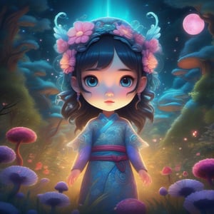 Create a highly detailed, cinematic, and UHD illustration of a mystical fairytale scene set in a meadow and forest at night. The scene features a cute, vivid, tiny Yokai fairy girl and a perfect Asian ghost dragon (Orochi) in an intricate pose. The Yokai fairy girl has extremely big, sharp, glowing eyes that stand out in the starry sky. The illustration is done in detailed ink and acrylic with vibrant colors and complex patterns. The style of the illustration is inspired by the works of Craola, Nicoletta Ceccoli, Beeple, Jeremiah Ketner, and Todd Lockwood. The final image should be a masterpiece with ultra details and small detailing, Unreal Engine 5, ray-tracing