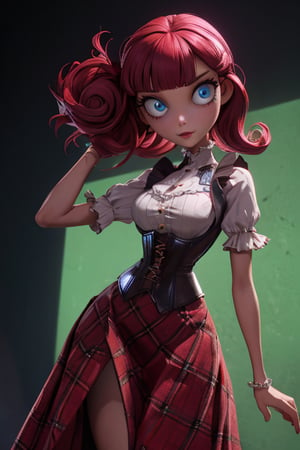 Carol-Anne Wilder in full length pose, curly red-magenta hair bangs hairstyle, hazel-blue eyes, hyper detailed eyes, beautiful eyes, perky breasts in a red corset and wearing a red and blak tartan skirt, perfect anatomy, centered, approaching perfection, dynamic, highly detailed, artstation, concept art, smooth, sharp focus, illustration, cinematic shallow depth of field, chempunk dystopian background, trending on artstation, 8k, masterpiece, fine detail, muted cinematic lut, intricate detail, perfecteyes, TimBurton Animation