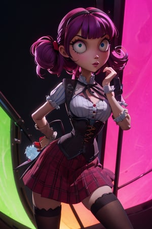 Carol-Anne Wilder in full length pose, curly black-magenta hair bangs hairstyle with a big black bow on the side, hazel-blue eyes, hyper detailed eyes, beautiful eyes, perky breasts in a maroon and black corset and wearing a black short tartan skirt and thigh high black stockings, perfect anatomy, centered, approaching perfection, dynamic, highly detailed, artstation, concept art, smooth, sharp focus, illustration, cinematic shallow depth of field, chempunk dystopian background, trending on artstation, 8k, masterpiece, fine detail, muted cinematic lut, intricate detail, perfecteyes, TimBurton Animation