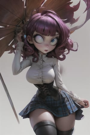 Carol-Anne Wilder in full length pose, curly black-magenta hair bangs hairstyle with a big black bow on the side, hazel-blue eyes, hyper detailed eyes, beautiful eyes, perky breasts in a maroon and black corset and wearing a black short tartan skirt and thigh high black stockings, perfect anatomy, centered, approaching perfection, dynamic, highly detailed, artstation, concept art, smooth, sharp focus, illustration, cinematic shallow depth of field, chempunk dystopian background, trending on artstation, 8k, masterpiece, fine detail, muted cinematic lut, intricate detail, perfecteyes, TimBurton Animation