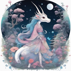 Create a highly detailed, cinematic, and UHD illustration of a mystical fairytale scene set in a meadow and forest at night. The scene features a cute, vivid, tiny Yokai fairy girl and a perfect Asian ghost dragon (Orochi) in an intricate pose. The Yokai fairy girl has extremely big, sharp, glowing eyes that stand out in the starry sky. The illustration is done in detailed ink and acrylic with vibrant colors and complex patterns. The style of the illustration is inspired by the works of Craola, Nicoletta Ceccoli, Beeple, Jeremiah Ketner, and Todd Lockwood. The final image should be a masterpiece with ultra details and small detailing, Unreal Engine 5, ray-tracing