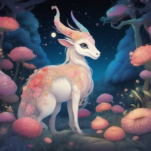 Create a highly detailed, cinematic, and UHD illustration of a mystical fairytale scene set in a meadow and forest at night. The scene features a cute, vivid, tiny Yokai fairy girl and a perfect Asian ghost dragon (Orochi) in an intricate pose. The Yokai fairy girl has extremely big, sharp, glowing eyes that stand out in the starry sky. The illustration is done in detailed ink and acrylic with vibrant colors and complex patterns. The style of the illustration is inspired by the works of Craola, Nicoletta Ceccoli, Beeple, Jeremiah Ketner, and Todd Lockwood. The final image should be a masterpiece with ultra details and small detailing, Unreal Engine 5, ray-tracing