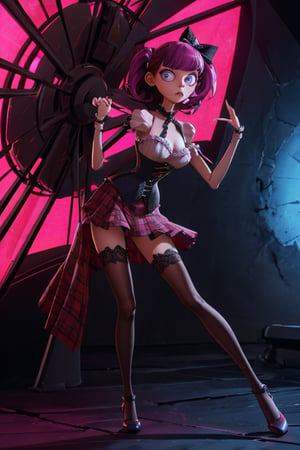 Carol-Anne Wilder in three quarter length pose, curly black-magenta hair bangs hairstyle with a big black bow on the side, hazel-blue eyes, hyper detailed eyes, beautiful eyes, perky breasts in a maroon and black corset and wearing a black short tartan skirt and thigh high black stockings, perfect anatomy, centered, approaching perfection, dynamic, highly detailed, artstation, concept art, smooth, sharp focus, illustration, cinematic shallow depth of field, chempunk dystopian background, trending on artstation, 8k, masterpiece, fine detail, muted cinematic lut, intricate detail, perfecteyes, TimBurton Animation