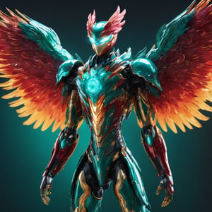 bio mechanical boy phoenix soaring, front facing, full body, front side, subsurface scattering, transparent, translucent skin, glow, bloom, Bioluminescent teal liquid,3d style,cyborg style,Movie Still,Leonardo Style, green and red coloring, vibrant, volumetric light