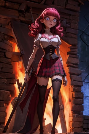 Carol-Anne Wilder in full length pose, curly red-magenta hair bangs hairstyle, hazel-blue eyes, hyper detailed eyes, beautiful eyes, perky breasts in a red corset and wearing a red and blak tartan skirt, perfect anatomy, centered, approaching perfection, dynamic, highly detailed, artstation, concept art, smooth, sharp focus, illustration, cinematic shallow depth of field, chempunk dystopian background, trending on artstation, 8k, masterpiece, fine detail, muted cinematic lut, intricate detail, perfecteyes, TimBurton Animation