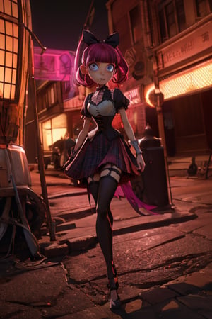 Carol-Anne Wilder in full length pose, curly black-magenta hair bangs hairstyle with a big black bow on the side, hazel-blue eyes, hyper detailed eyes, beautiful eyes, perky breasts in a maroon and black corset and wearing a black short tartan skirt and thigh high black stockings, perfect anatomy, centered, approaching perfection, dynamic, highly detailed, artstation, concept art, smooth, sharp focus, illustration, cinematic shallow depth of field, chempunk dystopian background, trending on artstation, 8k, masterpiece, fine detail, muted cinematic lut, intricate detail, perfecteyes, TimBurton Animation