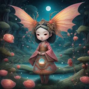   ultra highly detailed, , cinematic, 32k,  Asian folklore,  detailed  ink, acrylic,  by Craola,  Nicoletta Ceccoli, Beeple, Jeremiah Ketner  Todd Lockwood, storybook illustration,  cute  vivid tiny   Yokai  fairy   girl  and  perfect  Asian  ghost dragon , extremely big sharp  glowing   eyes,  meadow, forest,  night, ,stars, starry sky, fairytale,  storybook,   mystical, highly detailed unusual  highly detailed, intricated, intricated pose,   masterpiece, high quality, ultra details, small detailing,vibrant colors, complex patterns , unreal engine ,