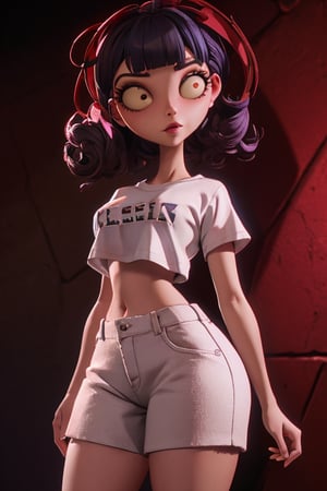 Carol-Anne Wilder in full length pose wearing cropped white t-shirt and booty-shorts, curly black hair bangs hairstyle, hazel eyes, hyper detailed eyes, beautiful eyes, perky breasts in a white cropped t-shirt, perfect anatomy, centered, approaching perfection, dynamic, highly detailed, artstation, concept art, smooth, sharp focus, illustration, cinematic shallow depth of field, chempunk dystopian background, trending on artstation, 8k, masterpiece, fine detail, muted cinematic lut, intricate detail, perfecteyes, TimBurton Animation