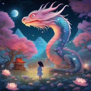 Create a highly detailed, cinematic, and UHD illustration of a mystical fairytale scene set in a meadow and forest at night. The scene features a cute, vivid, tiny Yokai fairy girl and a perfect Asian ghost dragon (Orochi) in an intricate pose. The Yokai fairy girl has extremely big, sharp, glowing eyes that stand out in the starry sky. The illustration is done in detailed ink and acrylic with vibrant colors and complex patterns. The style of the illustration is inspired by the works of Craola, Nicoletta Ceccoli, Beeple, Jeremiah Ketner, and Todd Lockwood. The final image should be a masterpiece with ultra details and small detailing, Unreal Engine 5, ray-tracing