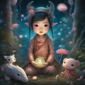   ultra highly detailed, , cinematic, 32k,  Asian folklore,  detailed  ink, acrylic,  by Craola,  Nicoletta Ceccoli, Beeple, Jeremiah Ketner  Todd Lockwood, storybook illustration,  cute  vivid tiny   Yokai  fairy   girl  and  perfect  Asian  ghost dragon , extremely big sharp  glowing   eyes,  meadow, forest,  night, ,stars, starry sky, fairytale,  storybook,   mystical, highly detailed unusual  highly detailed, intricated, intricated pose,   masterpiece, high quality, ultra details, small detailing,vibrant colors, complex patterns , unreal engine ,