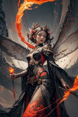 1girl, fairy of fire, lava, scales, fairy wings,
High quality, detailed, masterpiece, swirling upward in a spiral of smoek and sparks,weapon