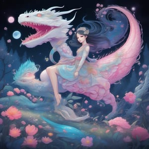 Create a highly detailed, cinematic, and UHD illustration of a mystical fairytale scene set in a meadow and forest at night. The scene features a cute, vivid, tiny Yokai fairy girl and a perfect Asian ghost dragon (Orochi) in an intricate pose. The Yokai fairy girl has extremely big, sharp, glowing eyes that stand out in the starry sky. The illustration is done in detailed ink and acrylic with vibrant colors and complex patterns. The style of the illustration is inspired by the works of Craola, Nicoletta Ceccoli, Beeple, Jeremiah Ketner, and Todd Lockwood. The final image should be a masterpiece with ultra details and small detailing, Unreal Engine 5, ray-tracing