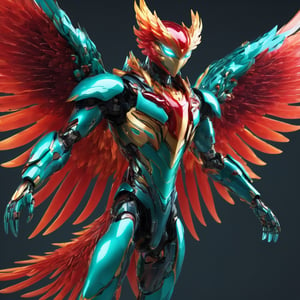 bio mechanical boy phoenix soaring, front facing, full body, front side, subsurface scattering, transparent, translucent skin, glow, bloom, Bioluminescent teal liquid,3d style,cyborg style,Movie Still,Leonardo Style, green and red coloring, vibrant, volumetric light