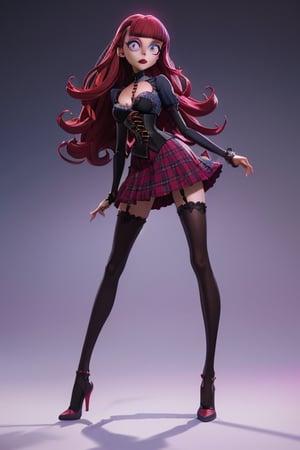 Carol-Anne Wilder in full length pose, curly red-magenta hair bangs hairstyle, hazel-blue eyes, hyper detailed eyes, beautiful eyes, perky breasts in a red and black corset and wearing a red and black tartan skirt and thigh high black stockings, perfect anatomy, centered, approaching perfection, dynamic, highly detailed, artstation, concept art, smooth, sharp focus, illustration, cinematic shallow depth of field, chempunk dystopian background, trending on artstation, 8k, masterpiece, fine detail, muted cinematic lut, intricate detail, perfecteyes, TimBurton Animation