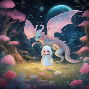 Create a highly detailed, cinematic, and UHD illustration of a mystical fairytale scene set in a meadow and forest at night. The scene features a cute, vivid, tiny Yokai fairy girl and a perfect Asian ghost dragon (Orochi) in an intricate pose. The Yokai fairy girl has extremely big, sharp, glowing eyes that stand out in the starry sky. The illustration is done in detailed ink and acrylic with vibrant colors and complex patterns. The style of the illustration is inspired by the works of Craola, Nicoletta Ceccoli, Beeple, Jeremiah Ketner, and Todd Lockwood. The final image should be a masterpiece with ultra details and small detailing, Unreal Engine 5, ray-tracing