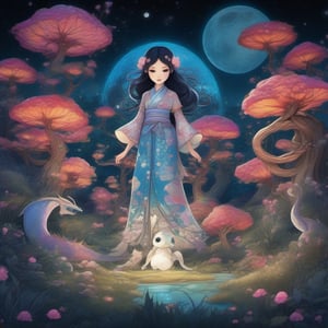 Create a highly detailed, cinematic, and UHD illustration of a mystical fairytale scene set in a meadow and forest at night. The scene features a cute, vivid, tiny Yokai fairy girl and a perfect Asian ghost dragon (Orochi) in an intricate pose. The Yokai fairy girl has extremely big, sharp, glowing eyes that stand out in the starry sky. The illustration is done in detailed ink and acrylic with vibrant colors and complex patterns. The style of the illustration is inspired by the works of Craola, Nicoletta Ceccoli, Beeple, Jeremiah Ketner, and Todd Lockwood. The final image should be a masterpiece with ultra details and small detailing, Unreal Engine 5, ray-tracing