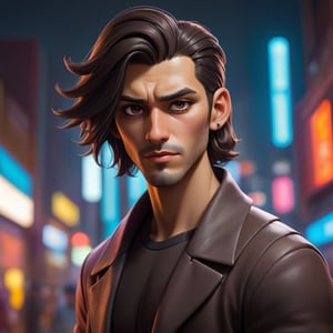 Male, middle eastern features and long wavy dark hair, brown eyes, large nose, slanted forehead, short chin

county festival 
futuristic Neon cyberpunk synthwave cybernetic  John Kenn Mortensen and by Johannes Vermeer and by Marco Guerra