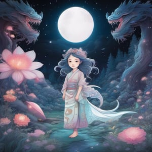 Create a highly detailed, cinematic, and UHD illustration of a mystical fairytale scene set in a meadow and forest at night. The scene features a cute, vivid, tiny Yokai fairy girl and a perfect Asian ghost dragon (Orochi) in an intricate pose. The Yokai fairy girl has extremely big, sharp, glowing eyes that stand out in the starry sky. The illustration is done in detailed ink and acrylic with vibrant colors and complex patterns. The style of the illustration is inspired by the works of Craola, Nicoletta Ceccoli, Beeple, Jeremiah Ketner, and Todd Lockwood. The final image should be a masterpiece with ultra details and small detailing, Unreal Engine 5, ray-tracing
