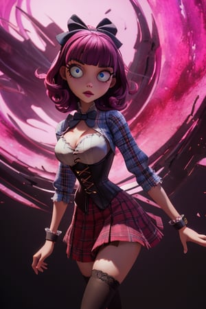 Carol-Anne Wilder in three quarter length pose, curly black-magenta hair bangs hairstyle with a big black bow on the side, hazel-blue eyes, hyper detailed eyes, beautiful eyes, perky breasts in a maroon and black corset and wearing a black short tartan skirt and thigh high black stockings, perfect anatomy, centered, approaching perfection, dynamic, highly detailed, artstation, concept art, smooth, sharp focus, illustration, cinematic shallow depth of field, chempunk dystopian background, trending on artstation, 8k, masterpiece, fine detail, muted cinematic lut, intricate detail, perfecteyes, TimBurton Animation