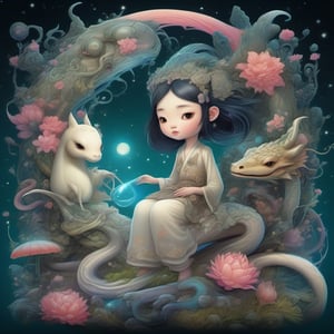  ultra highly detailed, , cinematic, 32k,  Asian folklore,  detailed  ink, acrylic,  by Craola,  Nicoletta Ceccoli, Beeple, Jeremiah Ketner  Todd Lockwood, storybook illustration,  cute  vivid tiny   Yokai  fairy   girl  and  perfect  Asian  ghost dragon , extremely big sharp  glowing   eyes,  meadow, forest,  night, ,stars, starry sky, fairytale,  storybook,   mystical, highly detailed unusual  highly detailed, intricated, intricated pose,   masterpiece, high quality, ultra details, small detailing,vibrant colors, complex patterns , unreal engine ,