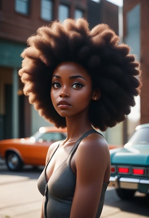 the most beautiful black girl with big afro
cinematic color grading lighting vintage realistic film grain scratches celluloid analog cool shadows warm highlights soft focus actor directed cinematography technicolor  Richard Le Manz