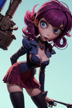 Carol-Anne Wilder in three quarter length pose, curly black-magenta hair bangs hairstyle with a big black bow on the side, hazel-blue eyes, hyper detailed eyes, beautiful eyes, perky breasts in a maroon and black corset and wearing a black short tartan skirt and thigh high black stockings, perfect anatomy, centered, approaching perfection, dynamic, highly detailed, artstation, concept art, smooth, sharp focus, illustration, cinematic shallow depth of field, chempunk dystopian background, trending on artstation, 8k, masterpiece, fine detail, muted cinematic lut, intricate detail, perfecteyes, TimBurton Animation