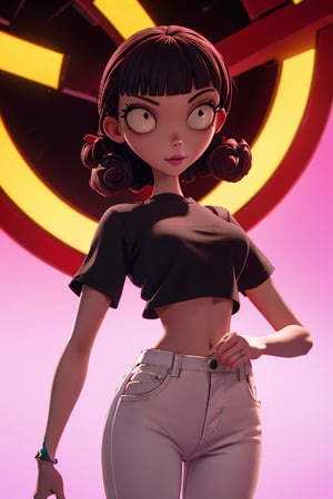 Christina Ricci in Black Snake Moan in full length pose wearing cropped white t-shirt and hot-pants, curly black hair bangs hairstyle, hazel eyes, hyper detailed eyes, beautiful eyes, perky breasts in a white cropped t-shirt, perfect anatomy, centered, approaching perfection, dynamic, highly detailed, artstation, concept art, smooth, sharp focus, illustration, cinematic shallow depth of field dystopian background, trending on artstation, 8k, masterpiece, fine detail, muted color grade, intricate detail, perfecteyes, TimBurton Animation