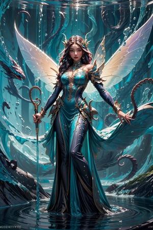 1girl, full length, fairy of water, scales, tenticles, fairy wings,
High quality, detailed, masterpiece, swirling upward in a spiral of water, weapon,EnvyBeautyMix23,Science Fiction