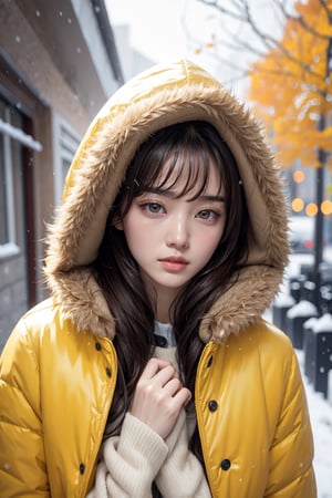 masterpiece,  best quality,  photorealistic,  8k raw photo),  (young beauty  woman, 18 year old, Zhang Zi Yi ,章子怡),  highest detailed,  ficus face perfect eyes,  light brown black wavy hair, swept bangs,  wear yellow fur hood coat, looks very cold,  snowing day,  ,blurry_light_background, Realism