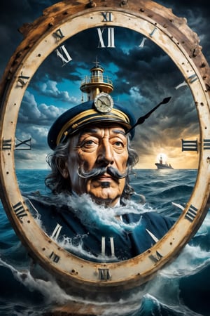 old sailorman Dali sits on deck of submarine ,stormy see,uneverce background, volumetric lighting , surrealism ,broken clock, Jumping tiger in sky , 
