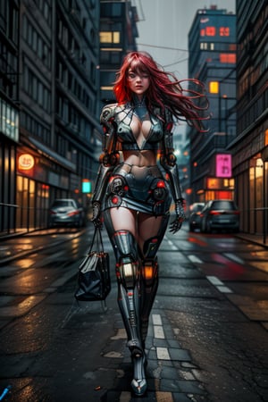 Red haired woman walking in night futuristic megalopolis , neon lights in the background ,empty street,skyscrapers ,diffused lighting, volumetric lighting ,realistic,cyberpunk robot,perfecteyes