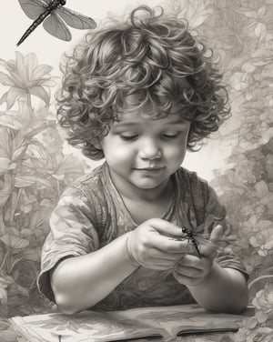  curly litle boy looking at dragonfly on his hand ,cute smile,  perfectly shaped  hands,perfect hands,perfect fingers,five fingers hands,pencil and ink,intricate line drawing, by craig mullins,floral pattern ,ruan jia, Adonna Khare, loundraw  