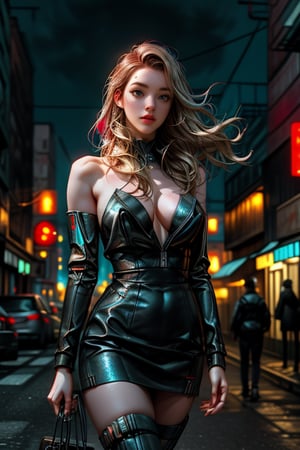 Red haired  woman walking naked in night  megalopolis , neon lights in the background ,moon light empty street,skyscrapers ,vintage ,diffused lighting, volumetric lighting ,realistic,cyberpunk robot,perfecteyes,blond