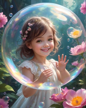   little girl flying inside soap bubble ,cute smile, perfect hands,five fingers hands,dream ,by craig mullins,floral pattern ,exotic flowers framework,ruan jia, Adonna Khare, loundraw , futuristic universe background 