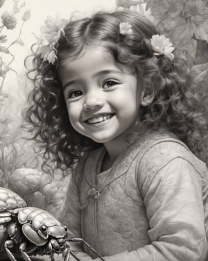  curly litle girl looking at chafer ,cute smile ,pencil and ink, intricate line drawing, by craig mullins,floral pattern ,ruan jia, Adonna Khare, loundraw ,greg rutkowski