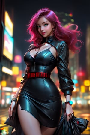 Red haired woman walking in night futuristic megalopolis , neon lights in the background ,empty street,skyscrapers ,diffused lighting, volumetric lighting ,realistic