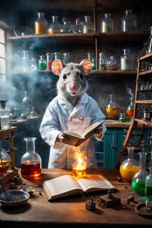 crazy chemist making experiment on the kitchen,smoky place, chemicals,  periodic table of elements poster on background,rat reading book in cage on the table,volumetric lighting