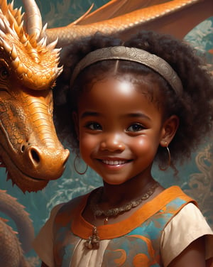   african curly little girl looking at dragon ,cute smile, dream,pencil and ink, intricate line drawing, by craig mullins,floral pattern ,ruan jia, Adonna Khare, loundraw , futoristic background 