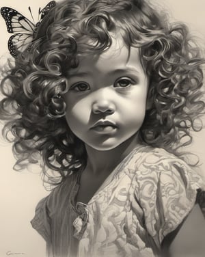  portrait of  curly litle girl looking at butterfly , pencil and ink, intricate line drawings, by craig mullins, ruan jia, Adonna Khare, greg rutkowski, loundraw ,greg rutkowski