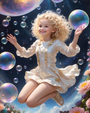  blond curly little girl flying  in atomic space,cute smile, perfect hands,five fingers hands,dream , by craig mullins,floral pattern ,exotic flowers framework,soap bubbles,ruan jia, Adonna Khare, loundraw , futuristic universe background 