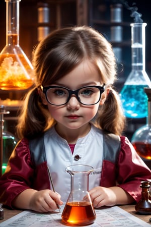  villainess chemist litle girl making experiment  ,smoky place,glasses on nose, chemicals,  periodic table of elements poster on background, book  on the table,volumetric lighting,detailmaster2