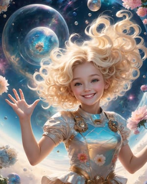  blond curly little girl flying  in atomic space,cute smile, perfect hands,five fingers hands,dream , by craig mullins,floral pattern ,ruan jia, Adonna Khare, loundraw , futuristic universe background 