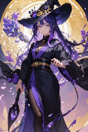 masterpiece, best quality, professional photograph of a beautiful anime witch with dark blue hair, turquoise eyes with purple iris, wearing a beautiful flowing black robe with gold highlights and very small purple highlights masterpiece, best quality