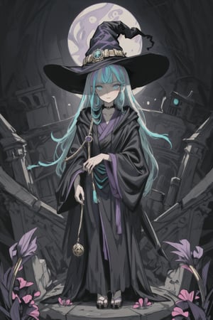 A beautiful witch with dark blue hair, turquoise eyes with purple iris, wearing a beautiful flowing black robe with gold highlights and very small purple highlights, magic castle in background,no_humans