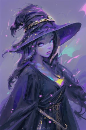 beautiful witch with dark blue hair, turquoise eyes with purple iris, wearing a beautiful flowing black robe with gold highlights and very small purple highlights, Wlop,EnvyBeautyMix23,	 SILHOUETTE LIGHT PARTICLES