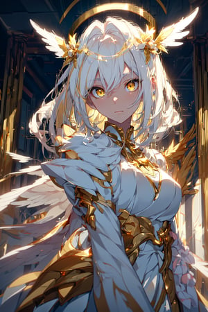 masterpiece, best quality, professional photograph of a beautiful anime angel with white hair with gold highlights and halo, golden eyes with yellow iris, wearing a beautiful flowing white dress with gold highlights and beautiful white perfect symmetrical wings masterpiece, best quality