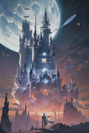 masterpiece, best quality, professional photograph of an anime style sci-fi fantasy space themed magic castle with planets and magic, crowds of people from far distance,no_humans,scenery