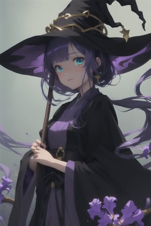 beautiful anime witch with dark blue hair, turquoise eyes with purple iris, wearing a beautiful flowing black robe with gold highlights and very small purple highlights