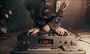 beautiful high res photo realistic detailed background Japanese music holl,【BRAKE】45years old, 3MENS playing synthesizer 、A stage where three people lined up in a row, are separated、　Red suit standing play fullbody、musician YMO. {{{ RYUICHI SAKAMOTO ((keyboard)), YUKIHIRO TAKAHASHI ((dram)), HARUOMI HOSONO .((bass)), }}}Manga-style speech bubbles in Japanese→君に胸キュン！,cyber_tech 